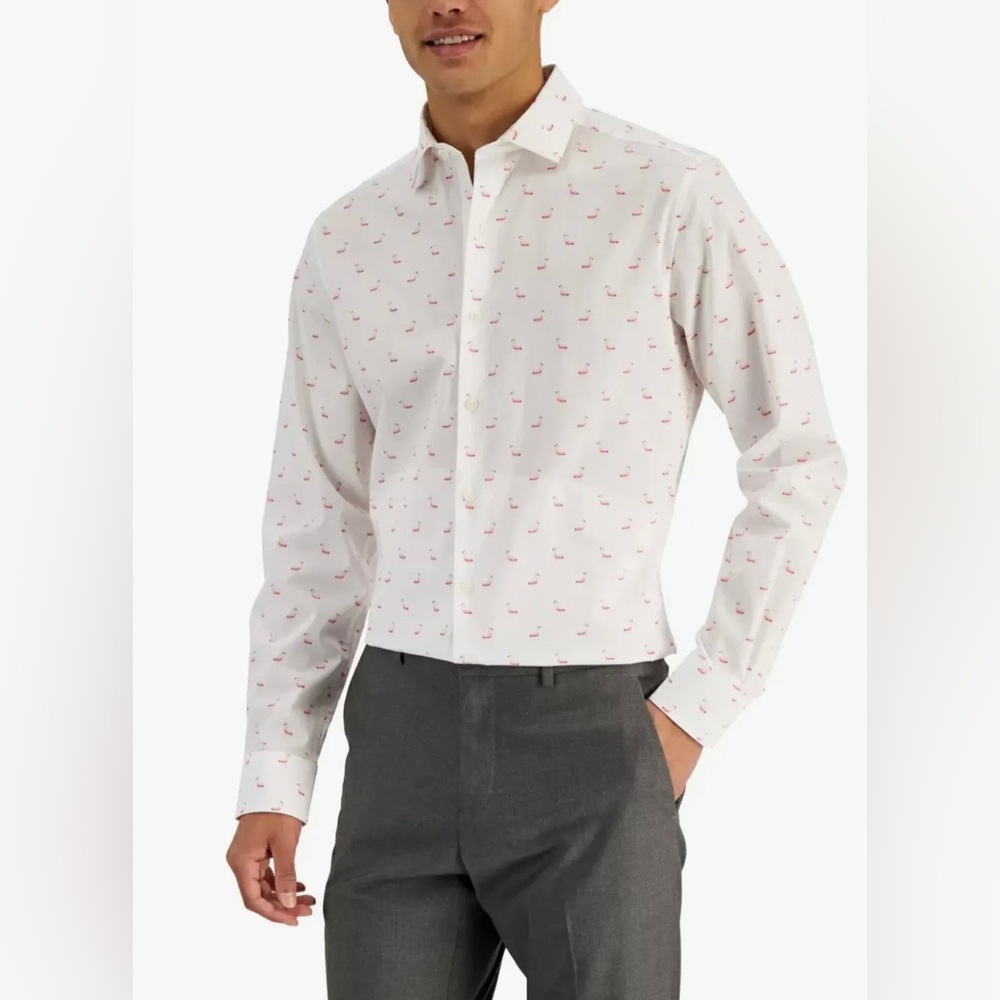 Bar Ill Men's Slim Fit Berry Print Dress Shirt, White Pink, Flamingo S (14-14.5)